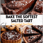 Rich chocolate sourdough tart sprinkled with sea salt beside Salt Chocolate Chip Cookies on a rustic plate.